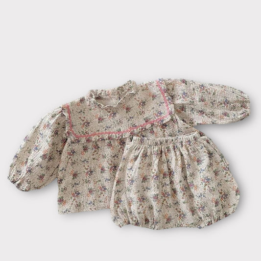 Ruffle floral print long sleeve top and bloomer set