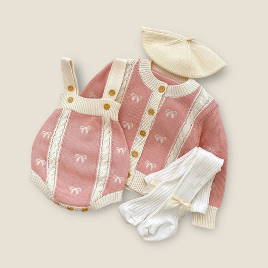 Bow pattern embroidered suspender knit and cardigan set